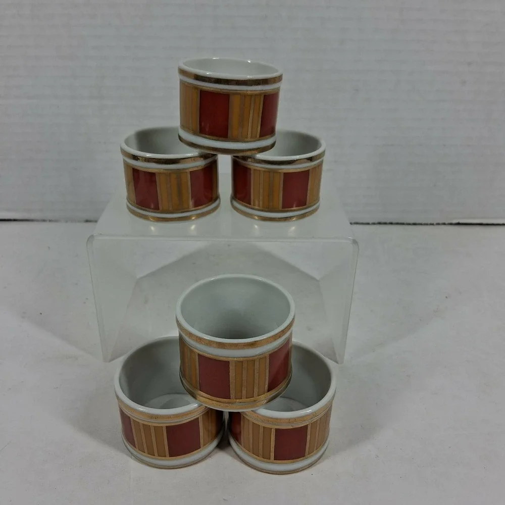 Vintage Geometric Ceramic Napkin Rings Set of 6 Red Tan Gold Trim Mid Century
